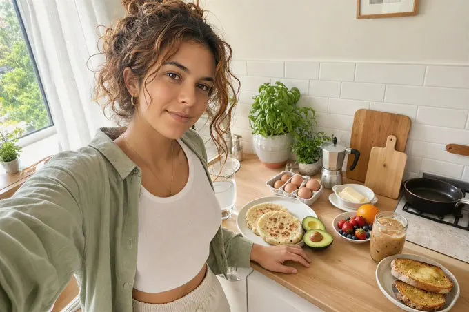 Femme près d'un petit déjeuner dans une cuisine lumineuse, avec des fruits et des œufs