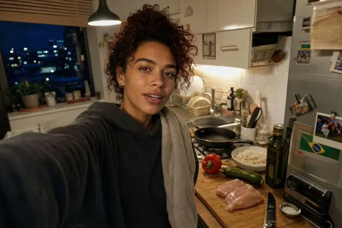 Femme se filmant dans une cuisine avec des ingrédients préparés pour un repas