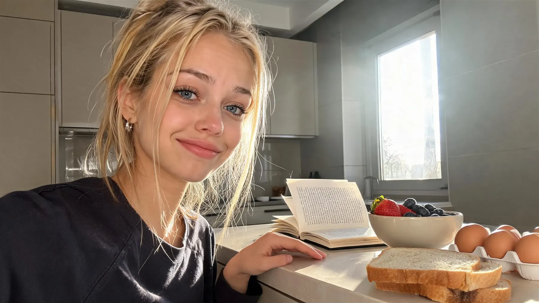 Femme dans une cuisine ensoleillée près d'un livre de recettes, de baies, d'œufs et de pain